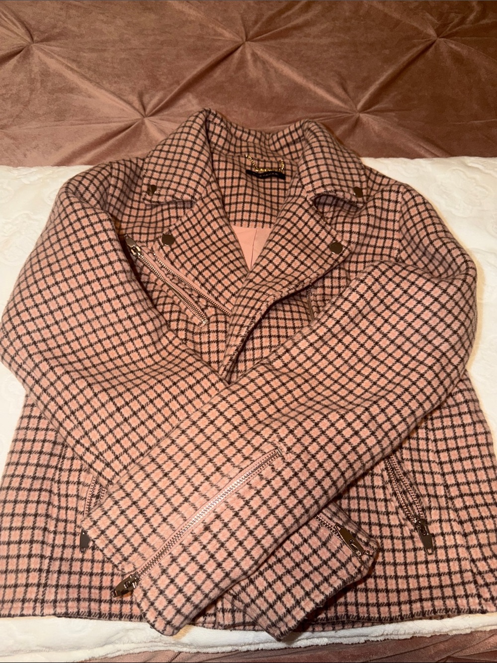 Elie Tahari Pink and Black Check Wool-Blend Bomber Jacket